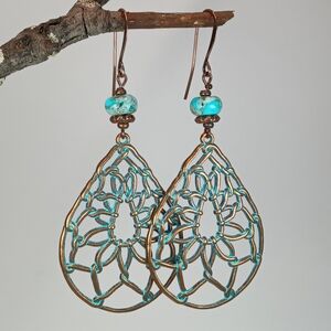 HAND CRAFTED Copper Turquoise Jasper Dream Catcher Dangle Drop Earrings